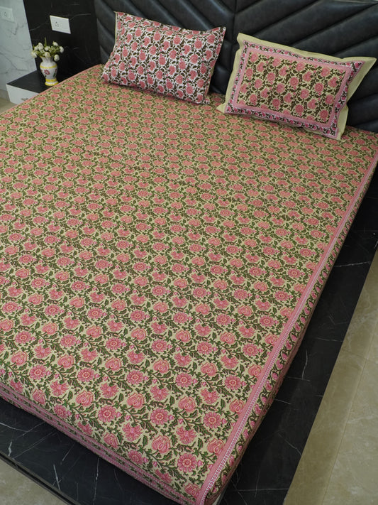 Peach Floral Bedsheet, 100% Cotton, King Size, 100x108 inch, Soft & Breathable