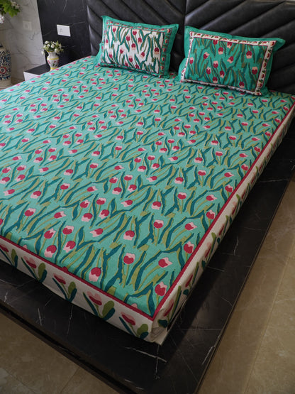 Green Floral King Size Bedsheet, 100% Cotton – Soft, Breathable, and Comfortable