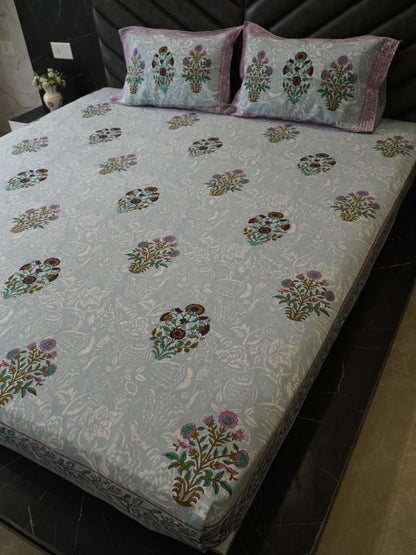 Floral Hand Blocked Bedsheet, Light Blue, 100% Cotton, King Size, 255 TC (108x108 inch)