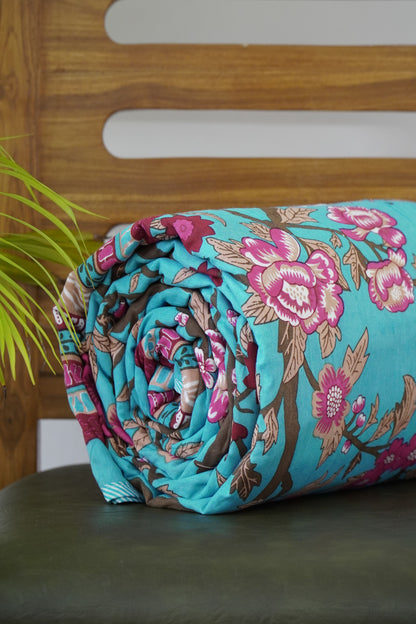 Pastel Blue Floral Print Reversible Dohar, 100% Cotton, Double Bed Size, 90x106 inch