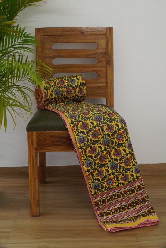 Sunshine Yellow Floral Print Reversible Dohar, 100% Cotton, Double Bed Size, 90x106 inch