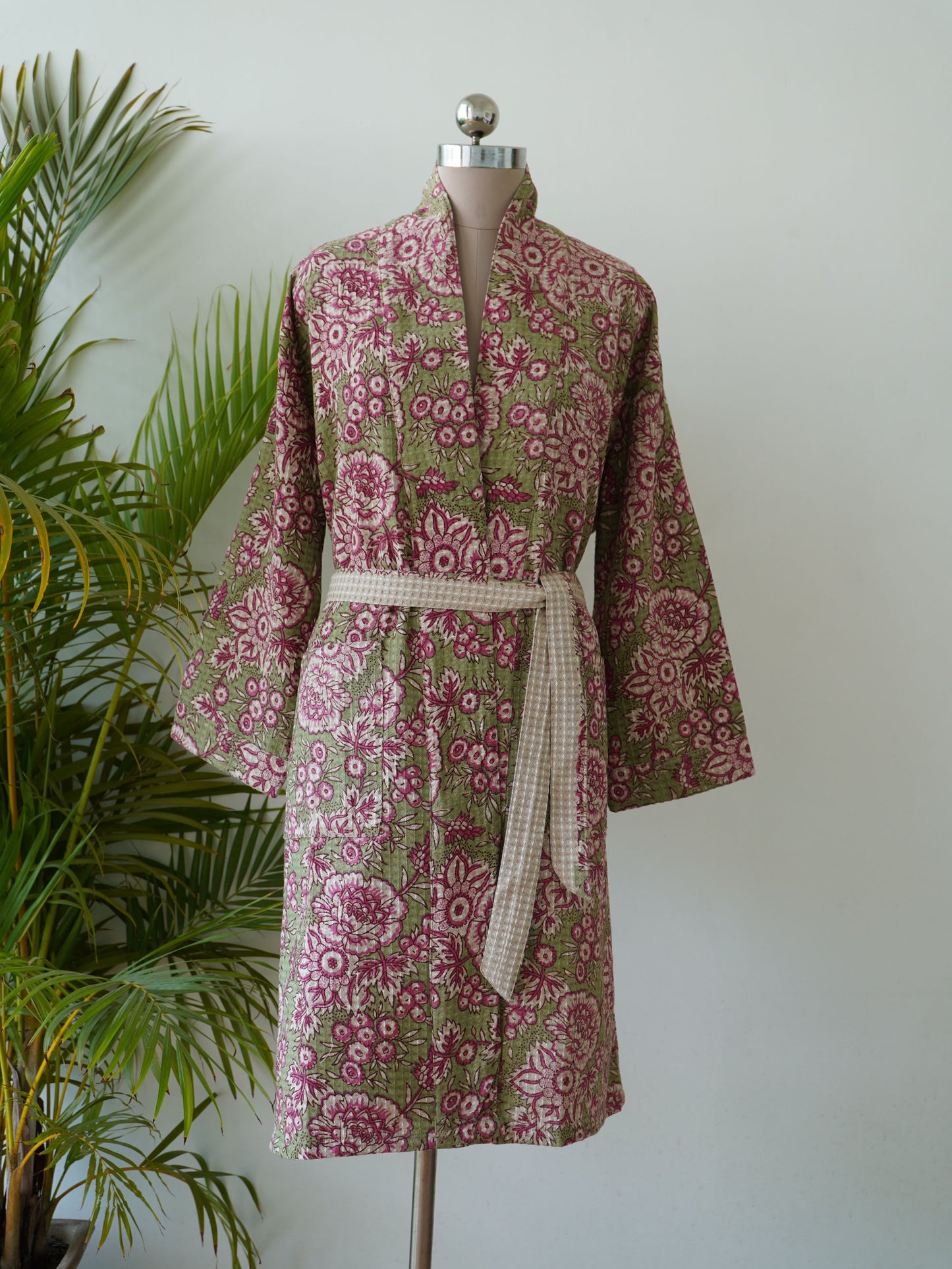 Pastel Green Cotton Bath Gown: Floral Elegance, Free Size with Belt