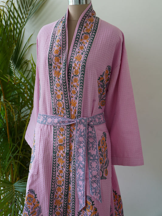 Pink Cotton Bath Gown: Block Print Design, Free Size with Belt and Pockets