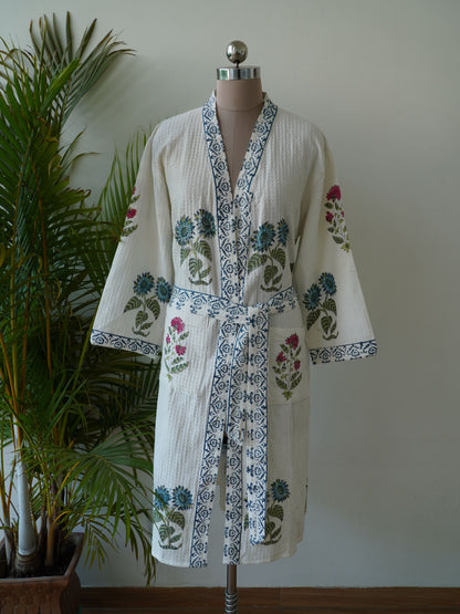 White Cotton Bath Gown: Hand Block Print, Free Size with Belt and Pocket