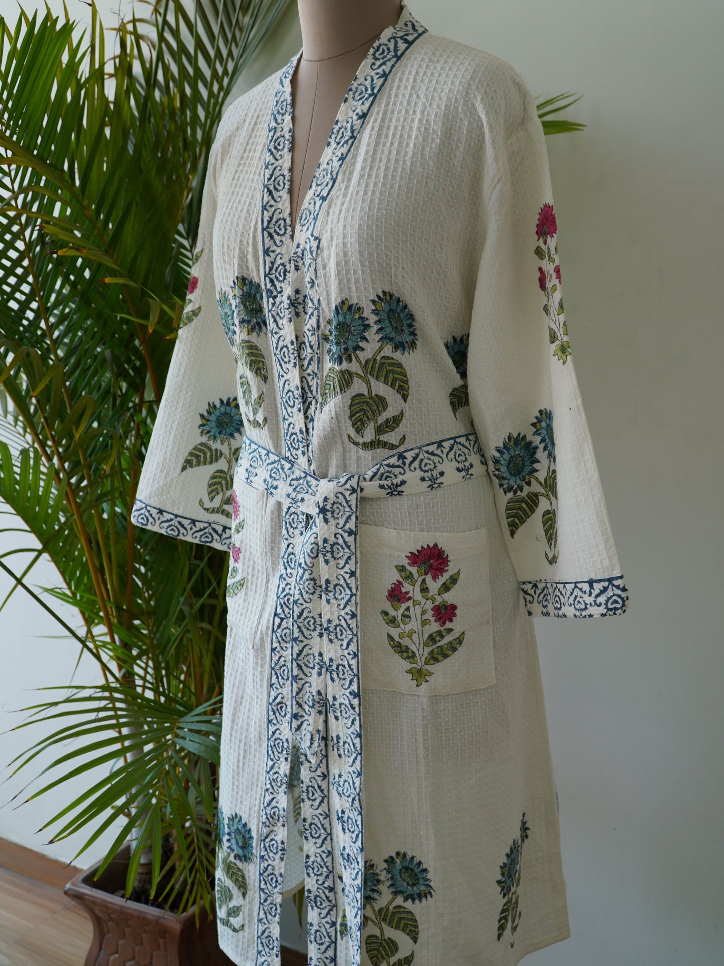 White Cotton Bath Gown: Hand Block Print, Free Size with Belt and Pocket