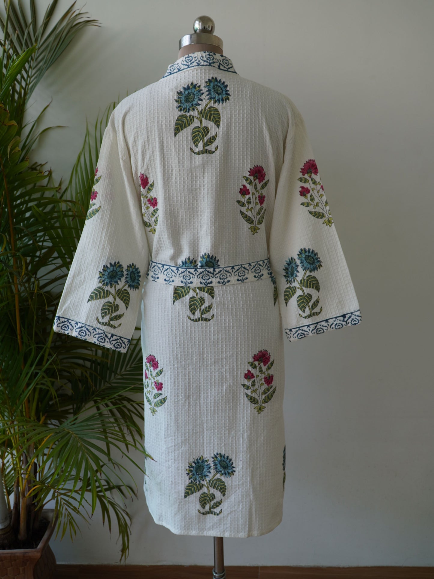 White Cotton Bath Gown: Hand Block Print, Free Size with Belt and Pocket