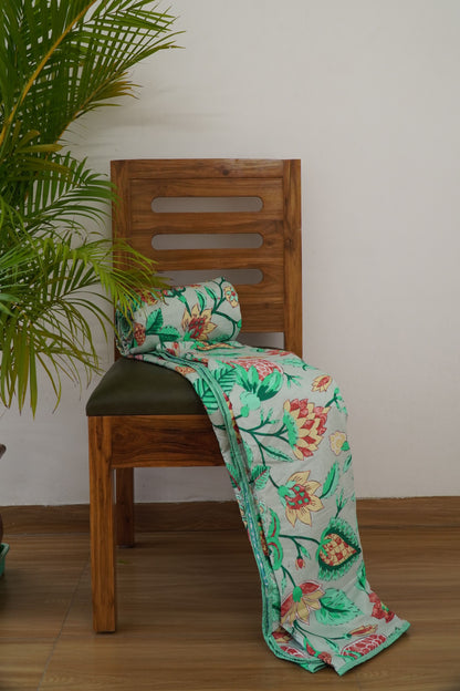 Garden Green Floral Print Reversible Dohar, 100% Cotton, Double Bed Size, 90x106 inch