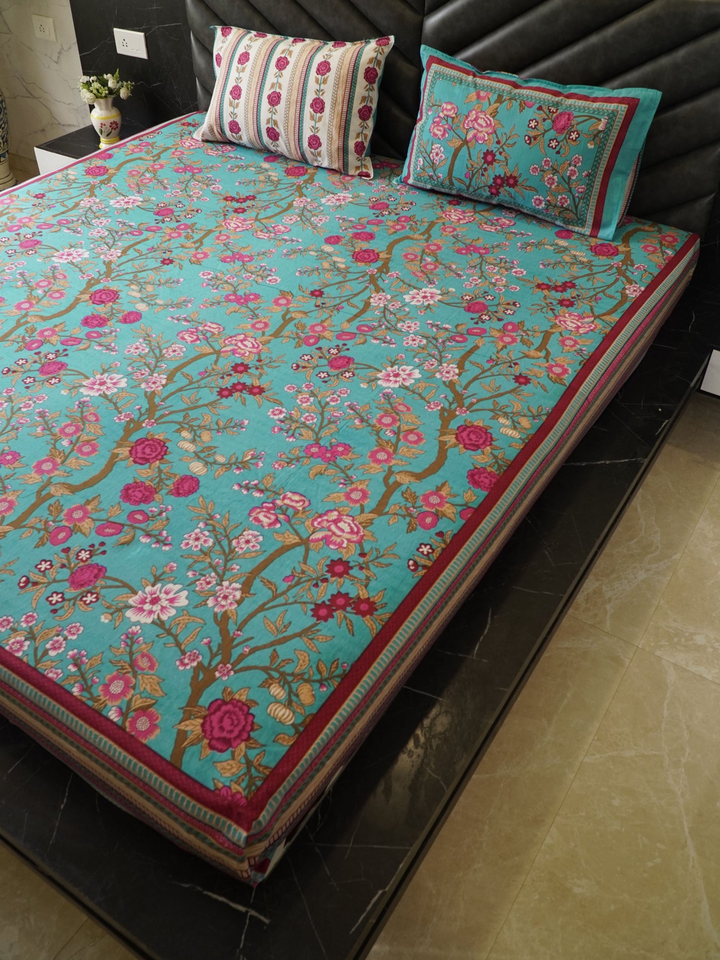 Premium Pastel Blue Floral Bedsheet, 100% Cotton, King Size, 100x108 inch, Soft & Breathable