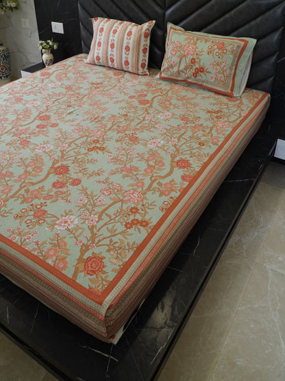 Premium Light Pastel Green Floral Bedsheet, 100% Cotton, King Size, 100x108 inch, Soft & Comfortable