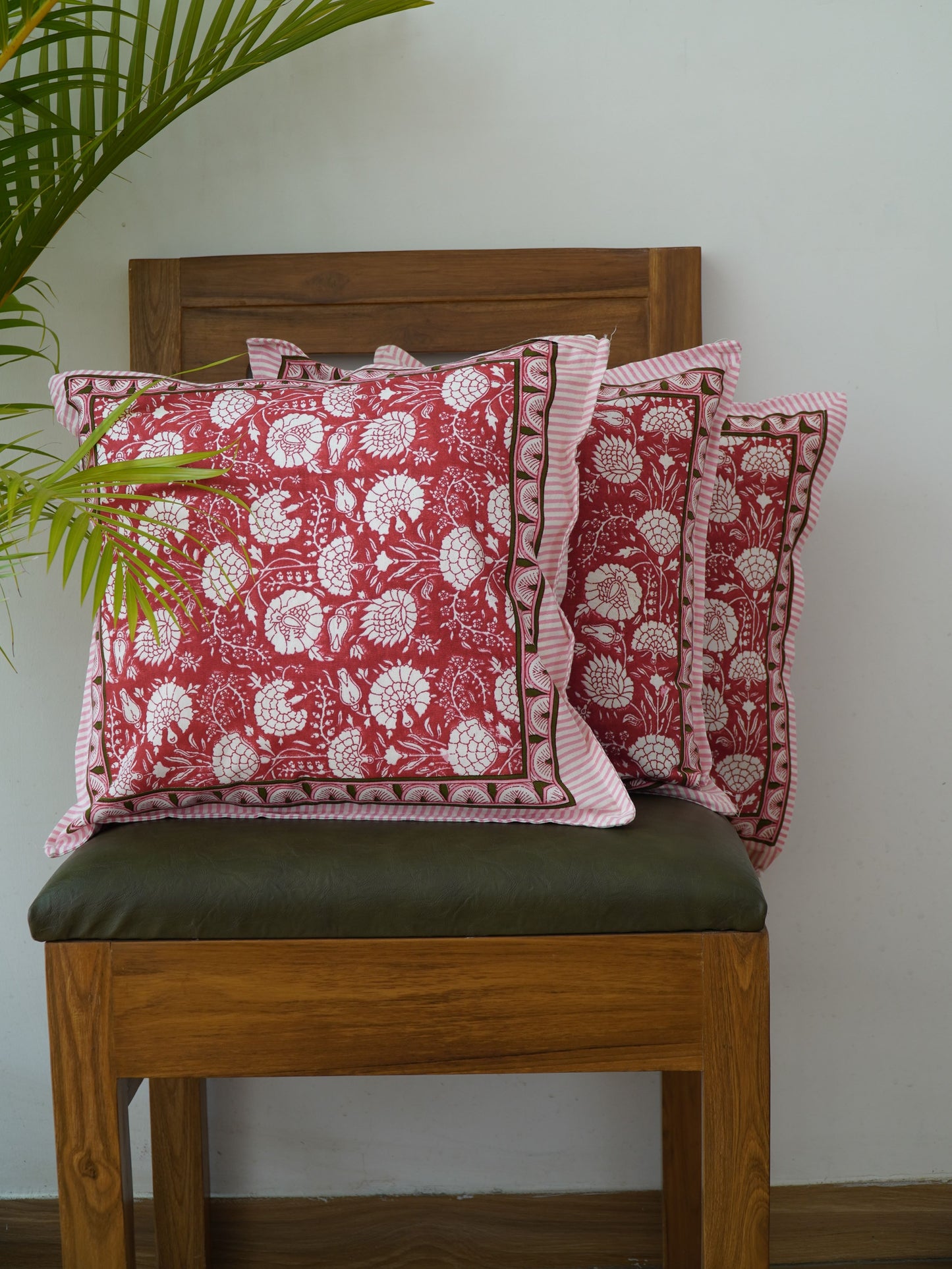 Glossy Red Bloom: Hand Block Printed Cotton Cushion Cover (with Zipper) 16x16 Inch