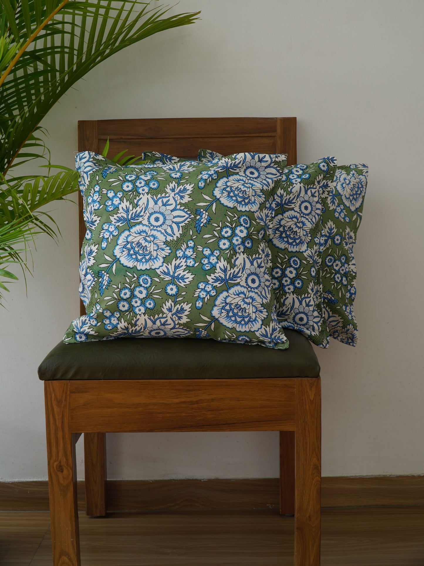 Pastel Green Paradise: Hand Block Printed Cotton Cushion Cover (with Zipper) 16x16 Inch