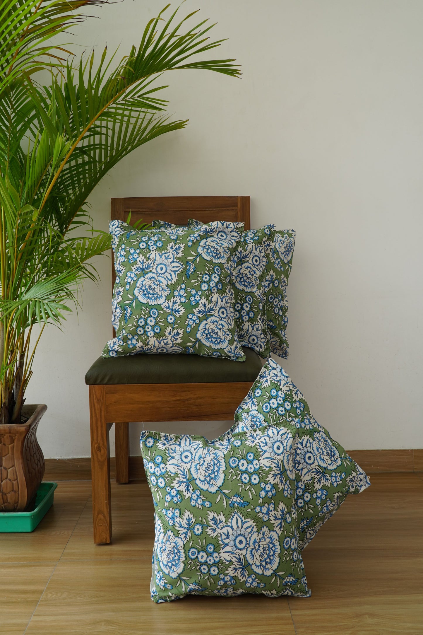 Pastel Green Paradise: Hand Block Printed Cotton Cushion Cover (with Zipper) 16x16 Inch