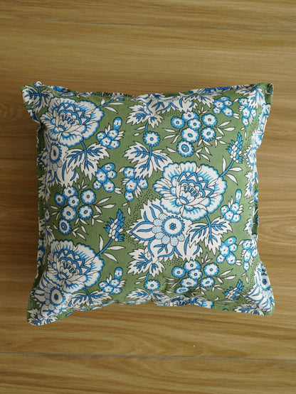 Pastel Green Paradise: Hand Block Printed Cotton Cushion Cover (with Zipper) 16x16 Inch