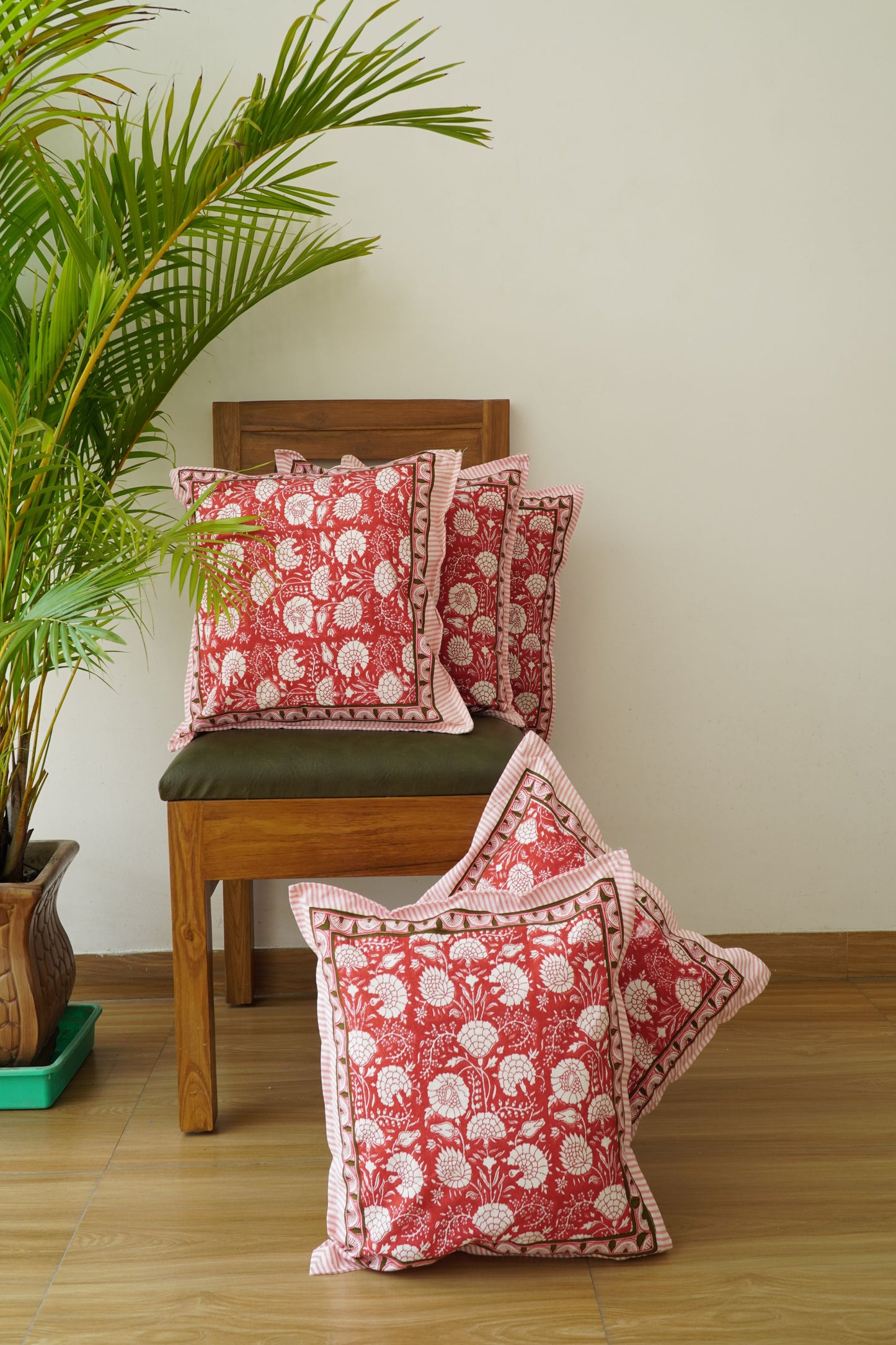 Glossy Red Bloom: Hand Block Printed Cotton Cushion Cover (with Zipper) 16x16 Inch