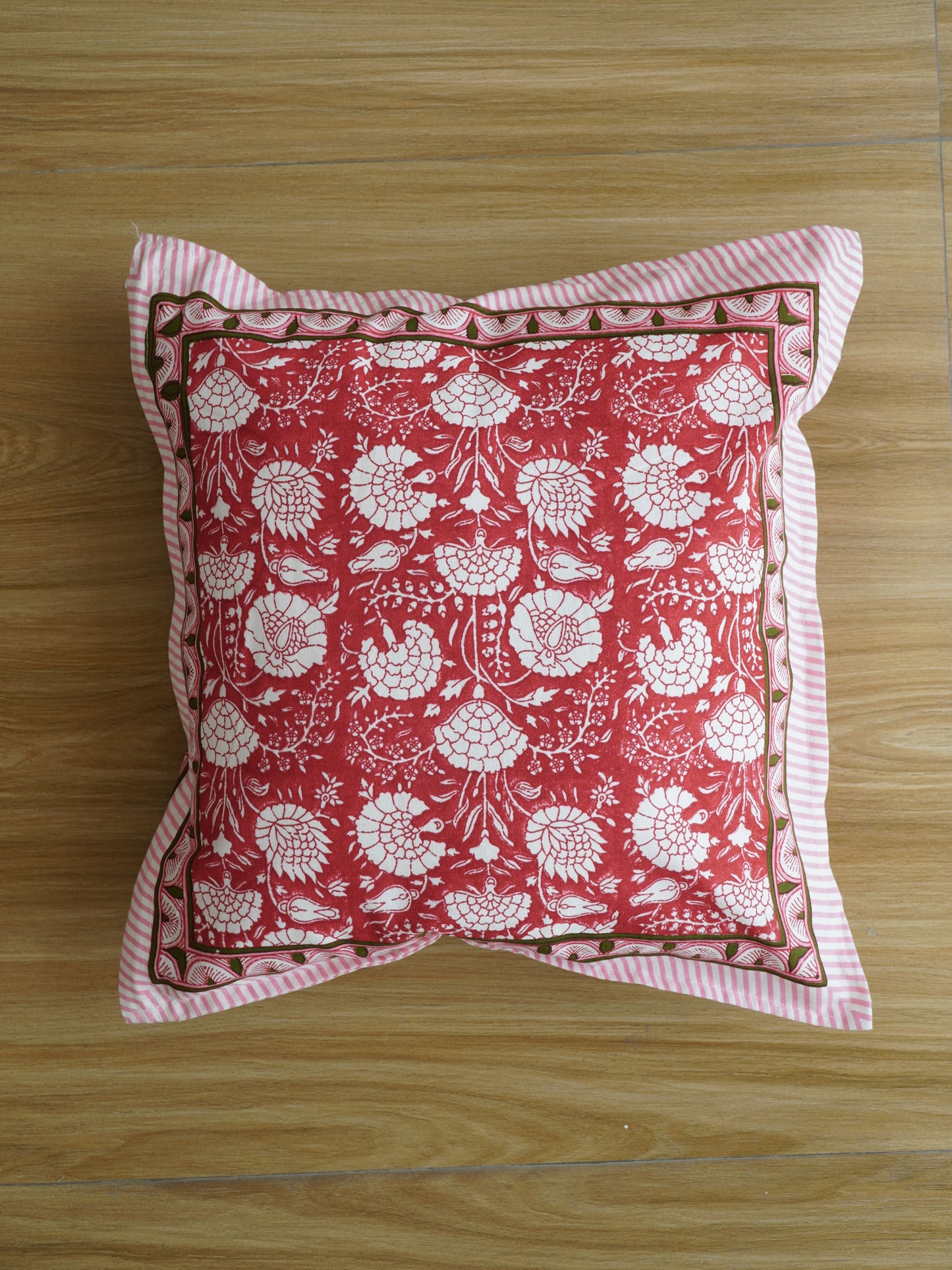 Glossy Red Bloom: Hand Block Printed Cotton Cushion Cover (with Zipper) 16x16 Inch