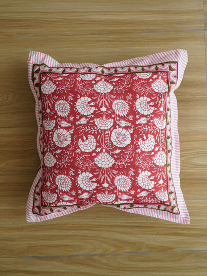 Glossy Red Bloom: Hand Block Printed Cotton Cushion Cover (with Zipper) 16x16 Inch