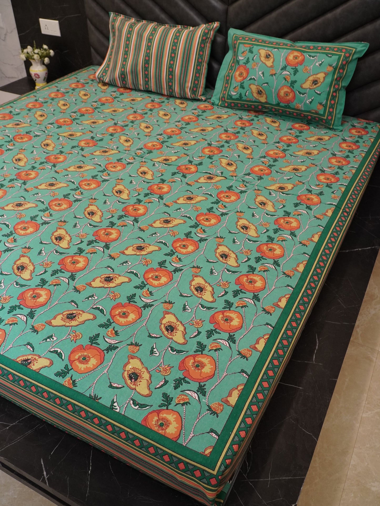 Premium Pastel Green Floral Bedsheet, 100% Cotton, King Size, 100x108 inch, Soft & Breathable