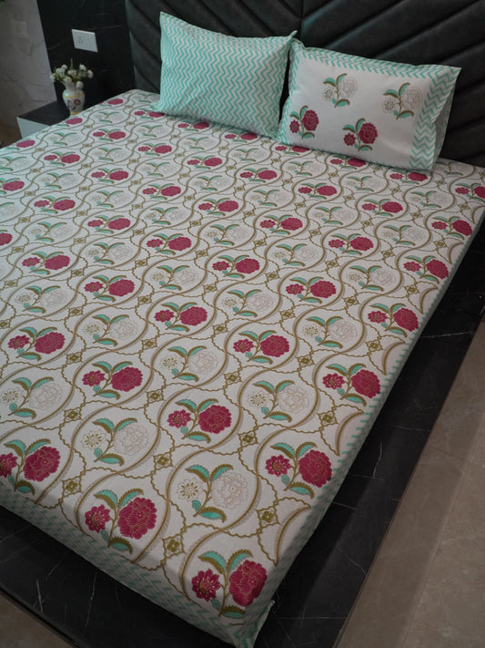 White Mughal Floral Bedsheet, 100% Cotton, King Size, 100x108 inch