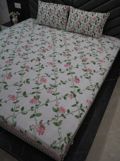 White Floral & Tree Branches Bedsheet, 100% Cotton, Super King Size, 120x120 inch