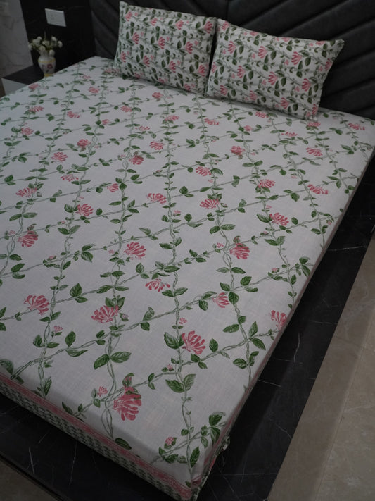 White Floral & Tree Branches Bedsheet, 100% Cotton, Super King Size, 120x120 inch