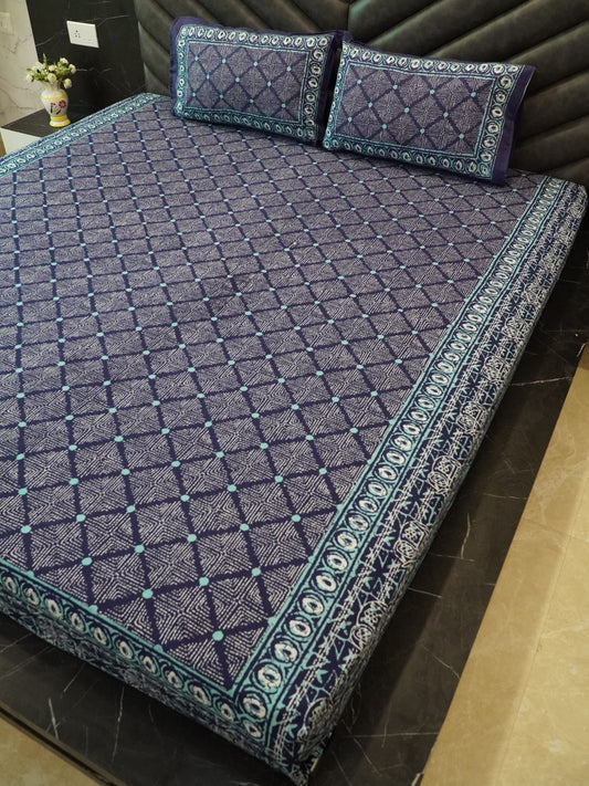 Indigo Geometric Style Bedsheet, 100% Cotton, King Size, 100x108 inch