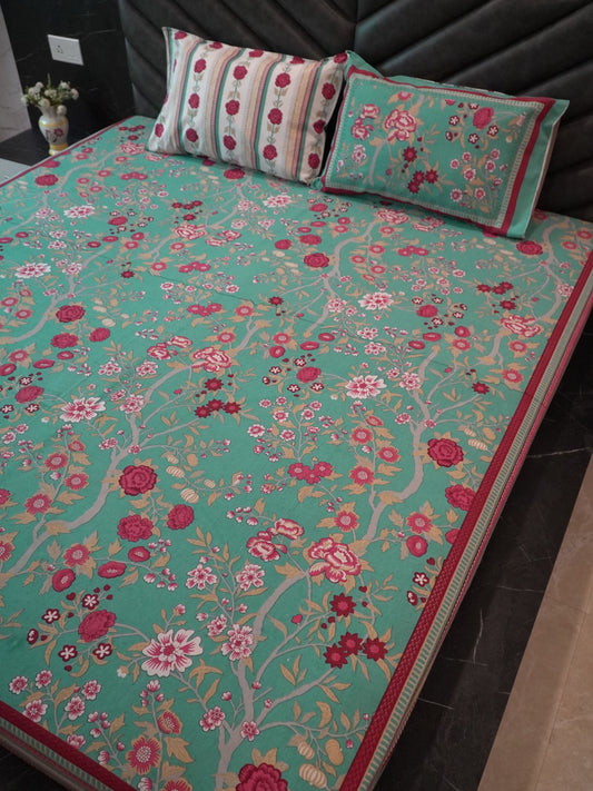 Pastel Green Floral Bedsheet, 100% Cotton, King Size, 100x108 inch