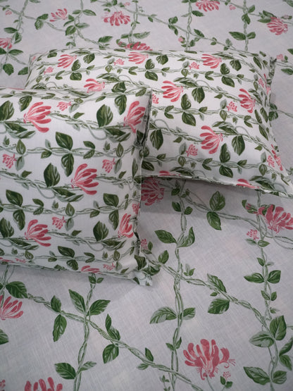 White Floral & Tree Branches Bedsheet, 100% Cotton, Super King Size, 120x120 inch